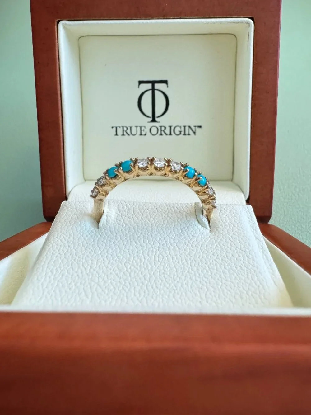 14K Gold Lab-Grown Diamond & Turquoise Half Eternity Ring